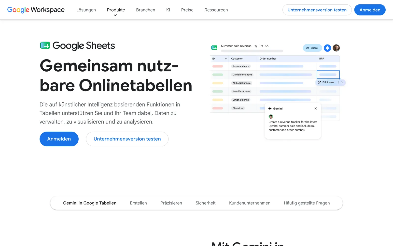 Startseite von Google Sheets