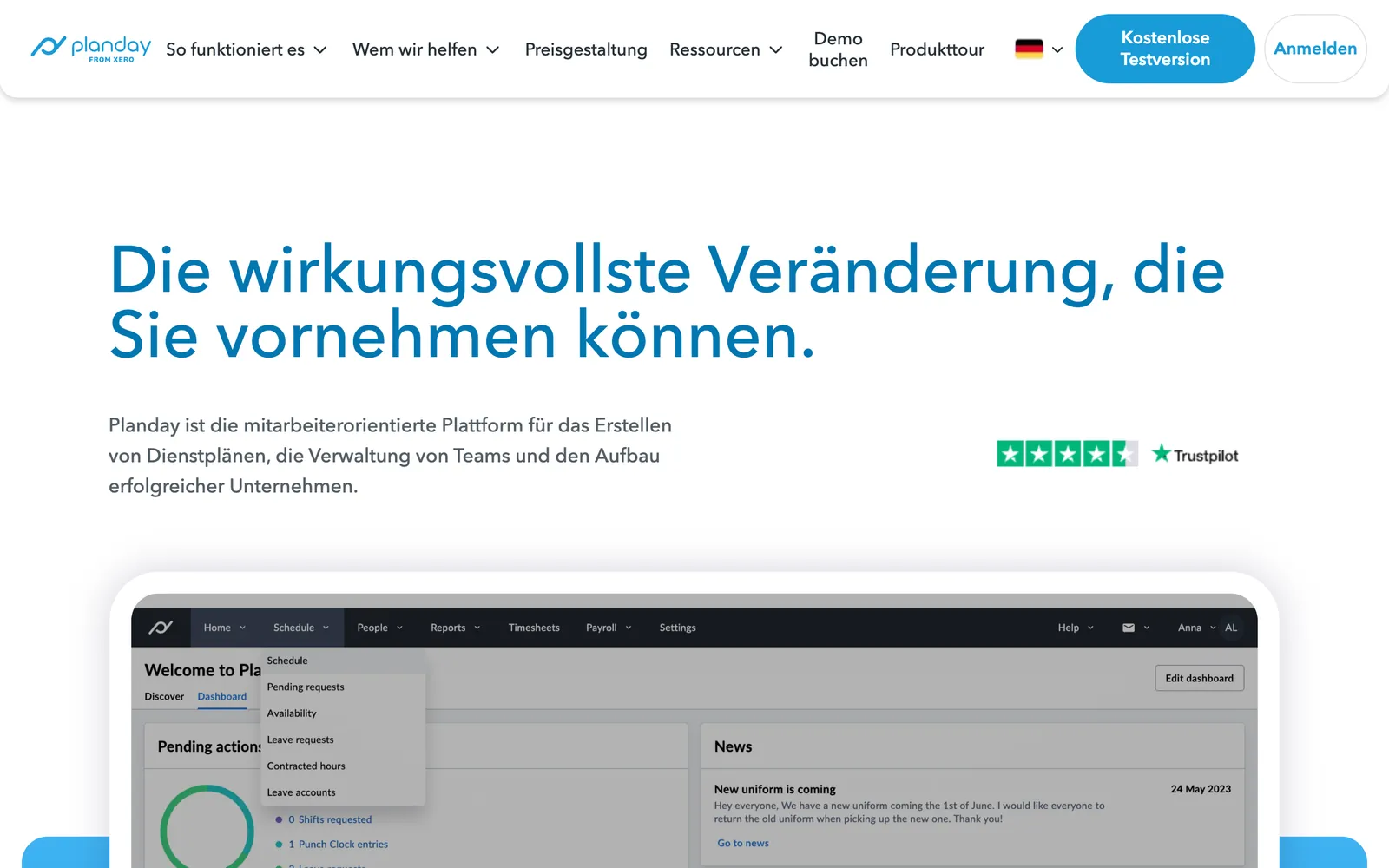Startseite von Planday